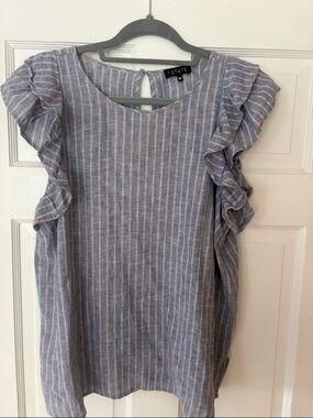 1. State Blue and Pink Striped Ruffle Sleeve Top